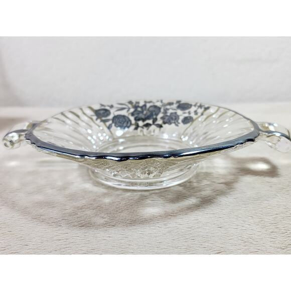 Candy Dish Clear Glass w/ handles 7 3/4" Black Floral Design Black Trim 60s Vtg - Picture 4 of 11